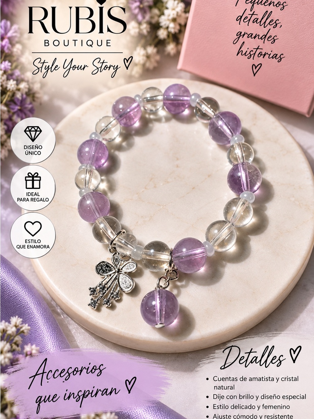 Amethyst & Clear Crystal Charm Bracelet - Purple
